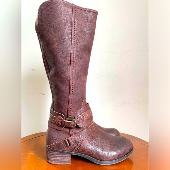 UGG Shoes - UGG Women’s Esplanade Tall Brown Leather Side Zip Heeled Boots | US 8